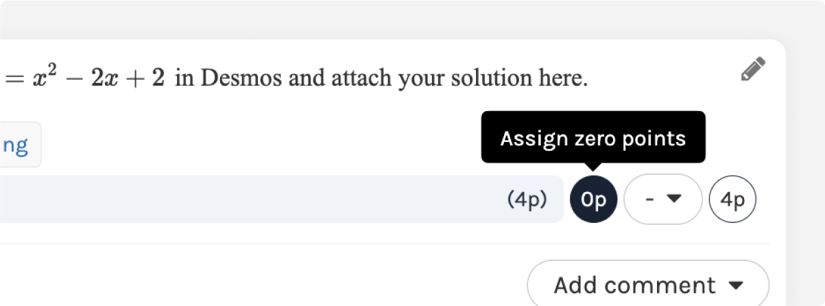 Corrección de una respuesta del alumno con botones de puntos de un clic y la ayuda Assign zero points visible