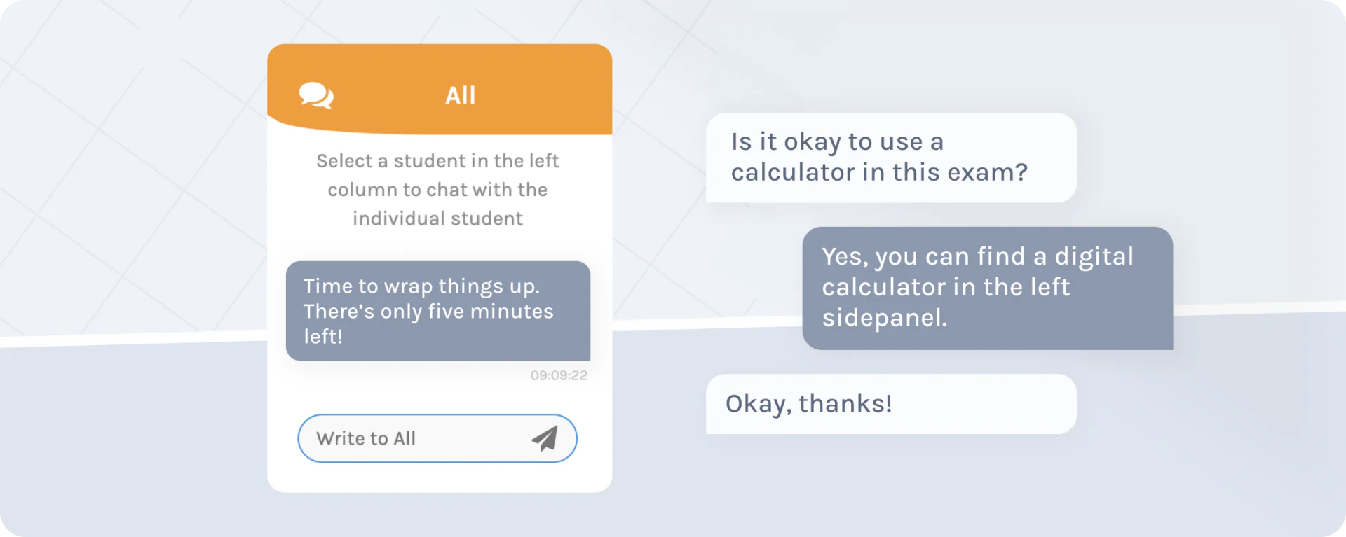 Chat de l'examen avec un message à tous les élèves et un élève qui demande si la calculatrice est autorisée