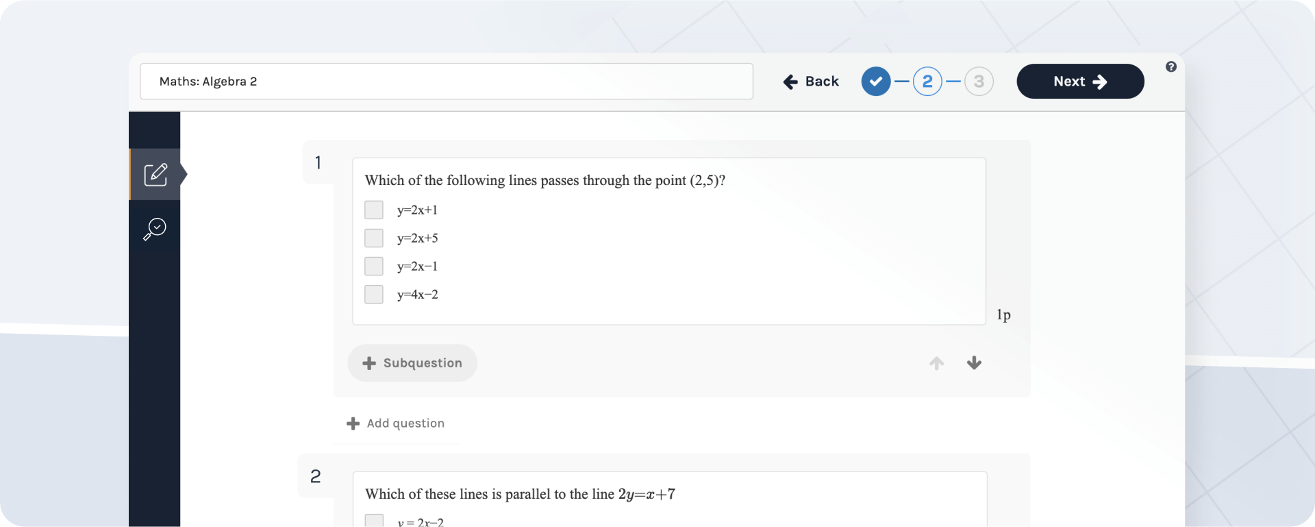 Neuer Fragen-Editor für automatisch bewertete Tests mit einer Multiple-Choice-Frage und einem Knopf für neue Fragen