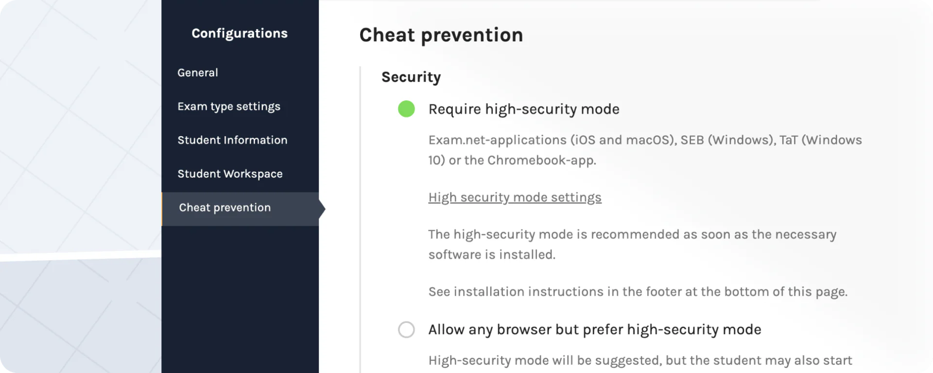 As configurações de prevenção de batota encontram-se em 'Configurações' ao criar um exame.