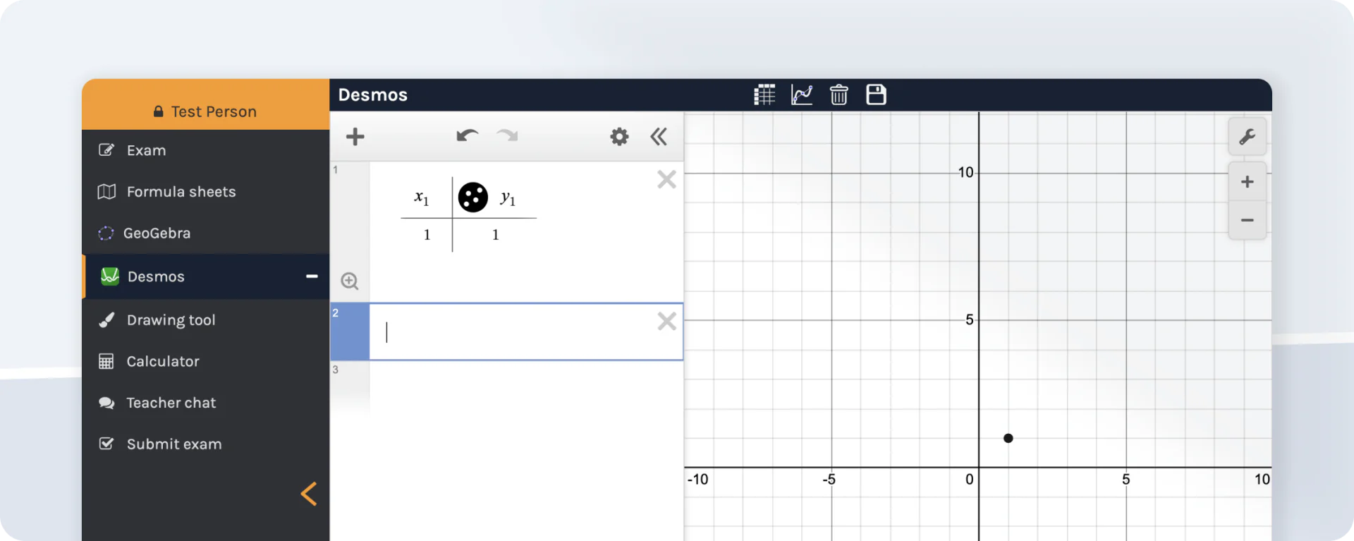 Calculatrice graphique Desmos ouverte dans la vue d'examen verrouillée d'Exam.net, à côté de GeoGebra et d'autres outils