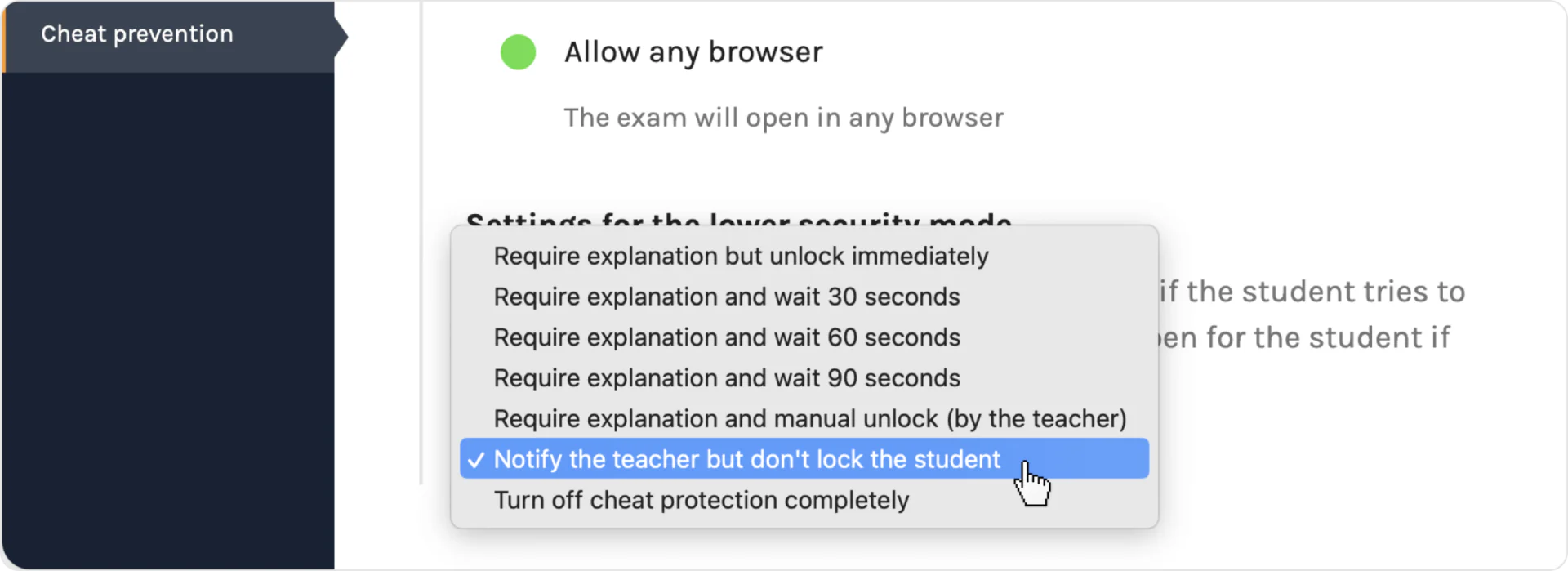 Prevenzione degli imbrogli con «Qualsiasi browser» e «Avvisa l’insegnante senza bloccare lo studente» selezionati