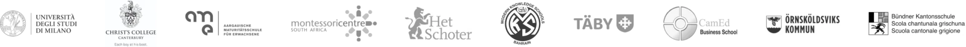 Logo’s van scholen en universiteiten die Exam.net gebruiken, waaronder de Universiteit van Milaan, Christ’s College en de gemeente Örnsköldsvik