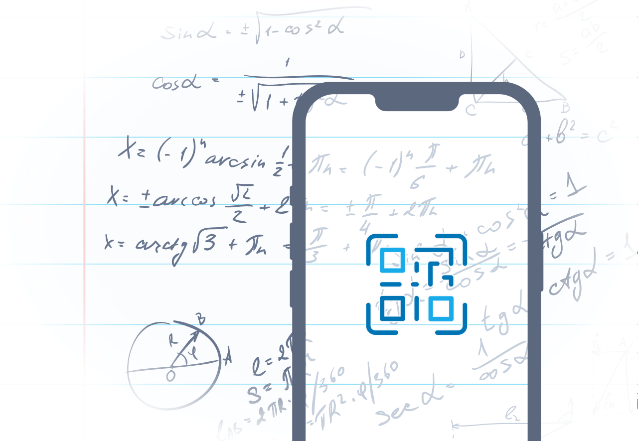 Telefoon met een QR-code voor handgeschreven wiskunde, voor het scannen van handgeschreven werk in de toets