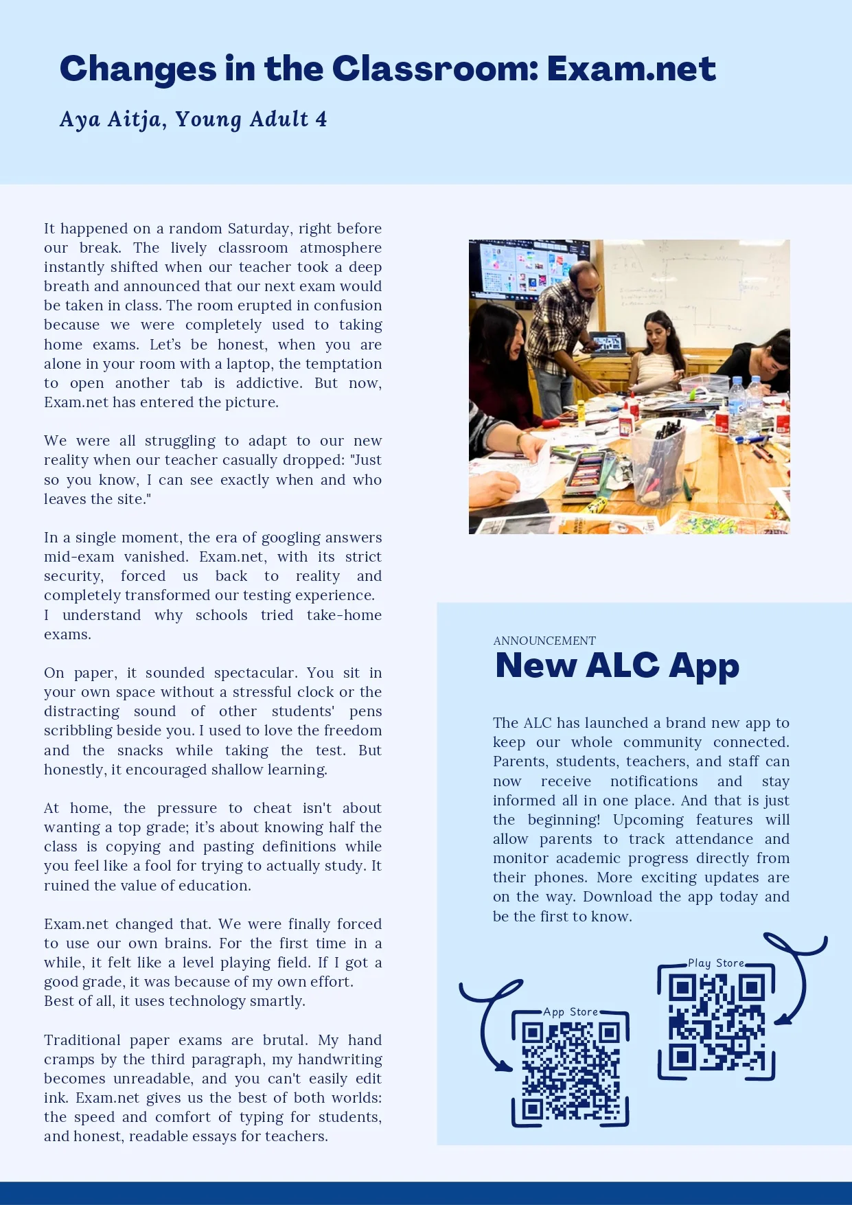 Une page du bulletin d'information des étudiants de l'ALC présentant l'article d'Aya Aitja intitulé « Les changements en classe : Exam.net ».