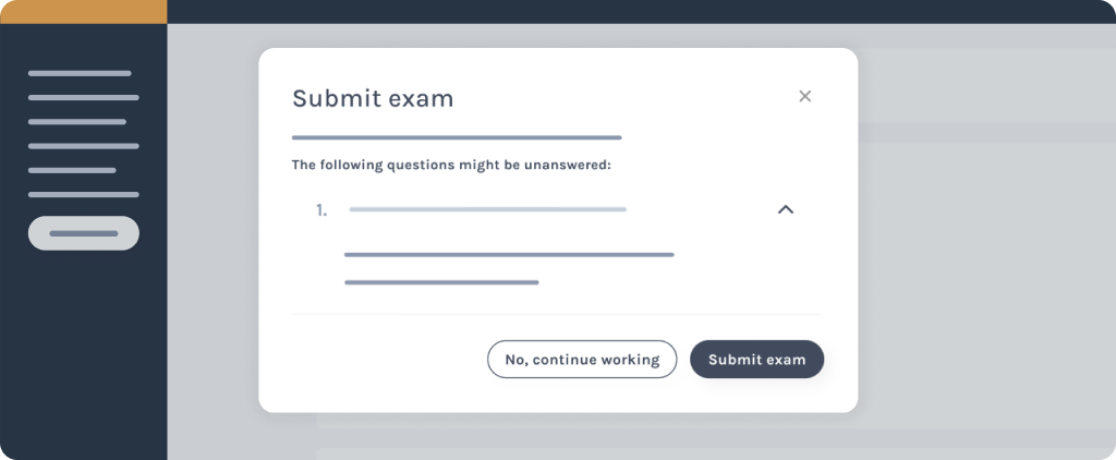 Submit exam dialog warning about possibly unanswered questions, with buttons to continue working or submit